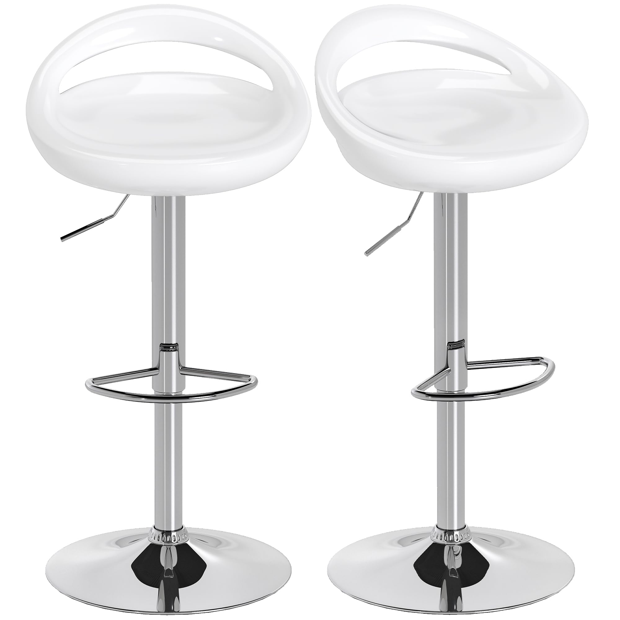HOMCOM Set 2 Sgabelli da Bar Alti, Sgabelli Girevoli a 360°, con Schienale e Poggiapiedi, Altezza Regolabile, Base in Acciaio, per Sala da Pranzo e Cucina, 46x41x76-96cm, Bianco