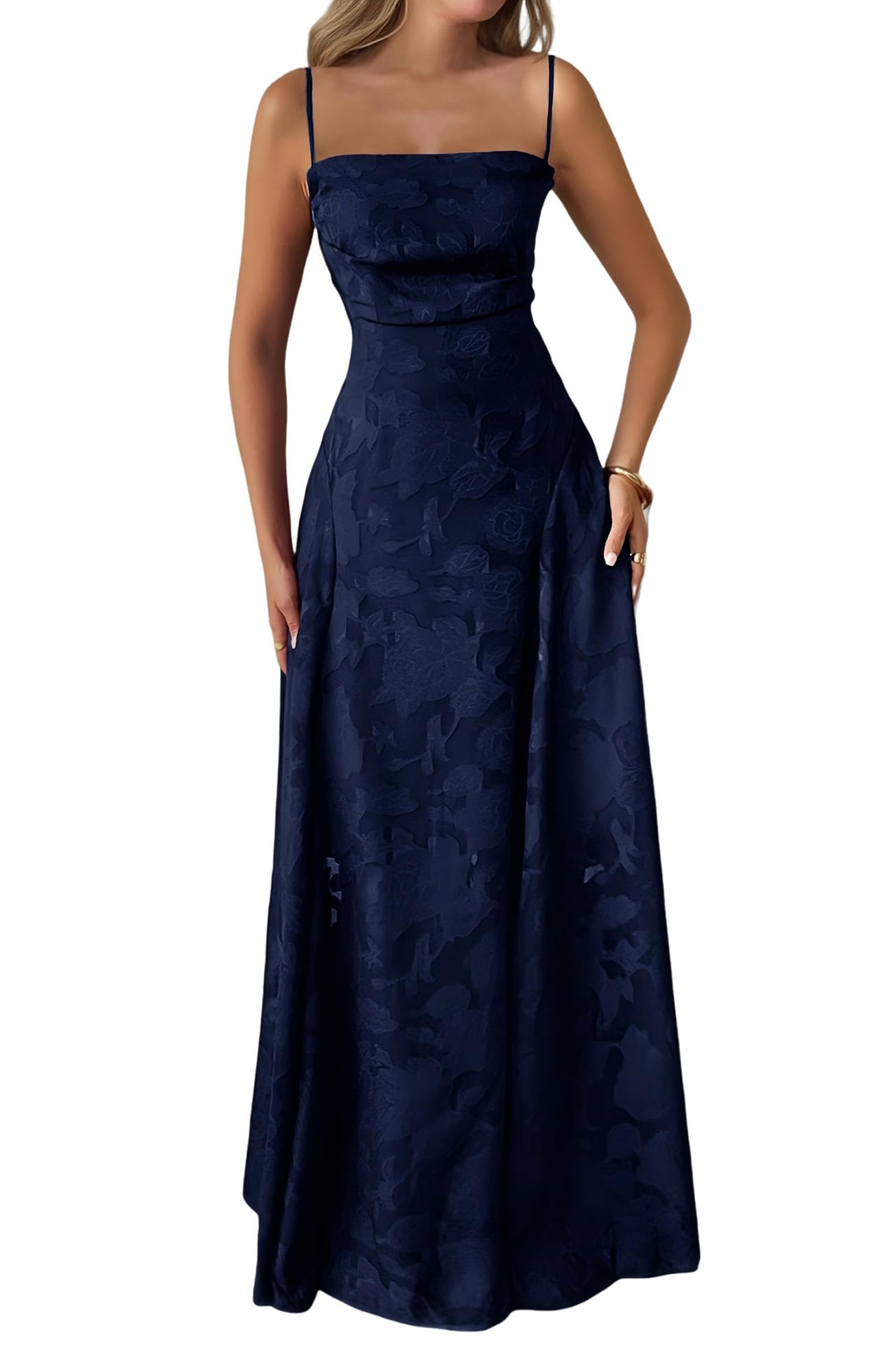 Robe longue pour femme - Bretelles spaghetti - Maille jacquard - Dos nu - Élégante robe de cocktail - Robe de soirée florale