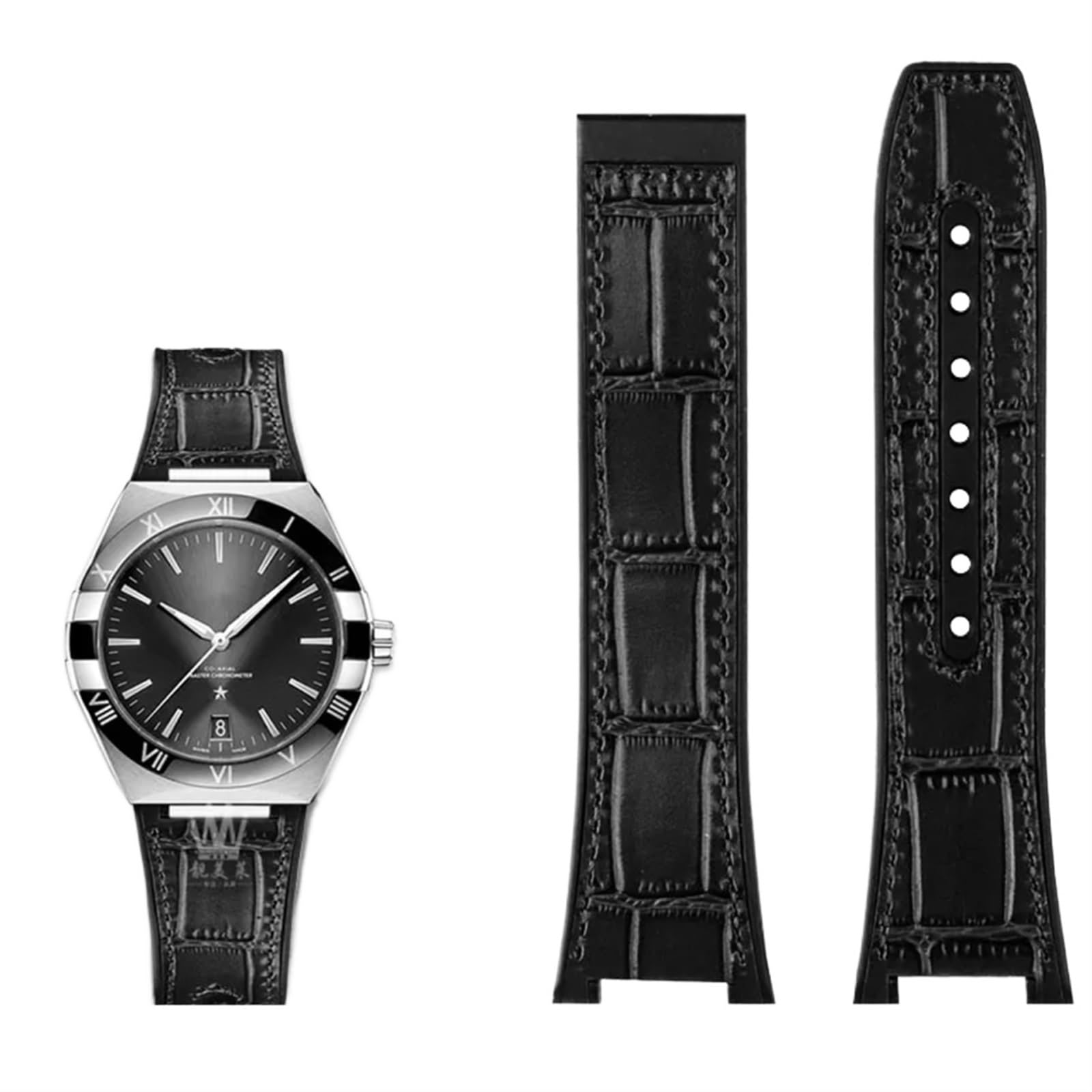 Genuine leather silicone base wristband for Omega constellation series Perfect Observatory 131.13 Manhattan series watch strap 25mm-14mm Black NO