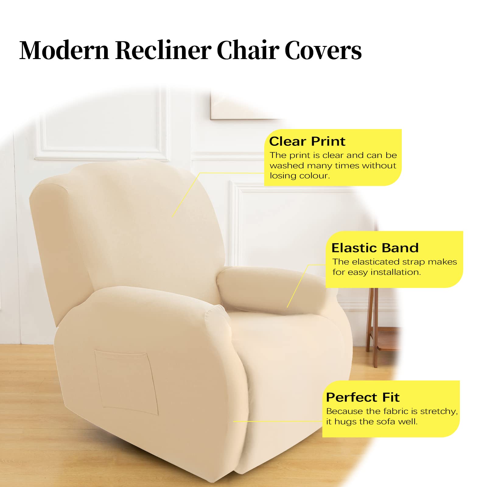 FIGOOO Copripoltrona Relax Reclinabile Copripoltrona 1 Posto Elasticizzato Relax Universale con Tasche 4-Pezzi Fodere per Poltrona Relax Lavabile Rimovibile Coprisedile Chivas,Beige