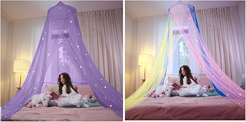 Bollepo Toldo de cama morado y arcoíris para niñas con estrellas brillantes - Decoración de habitación de red de cuna de princesa | Cortinas de cama