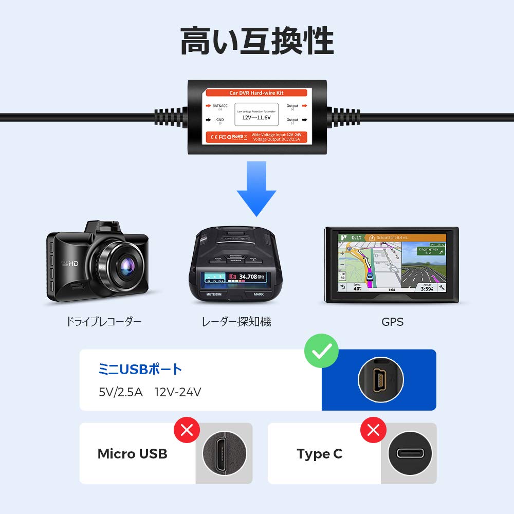 Amazon.co.jp: AZDOMEドライブレコーダー用 降圧ケーブル Mini USB電源