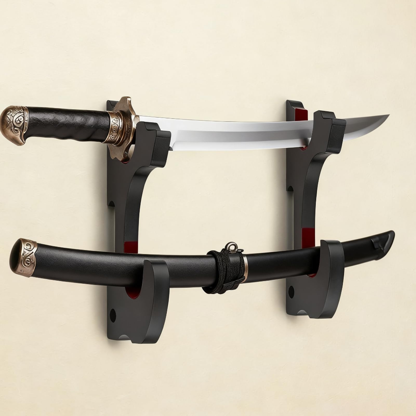 Soporte de Pared para Katana y Espadas Samurai, 2 Niveles Ajustable con Ganchos Acolchados, Exhibidor de Madera Negra