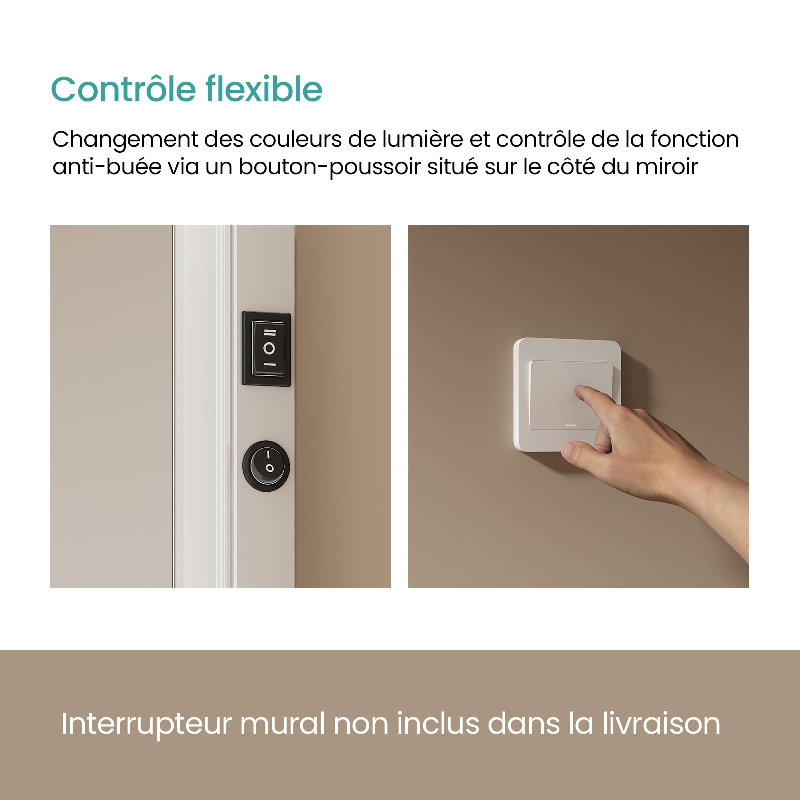 EMKE Miroir Salle de Bain LED Rectangulaire 50x70 cm Interrupteur Bascule | Miroir mural IP44 pour hôtel et maison,Antibuée,Pose verticale ou horizontale,2 couleurs 3000K/6500K