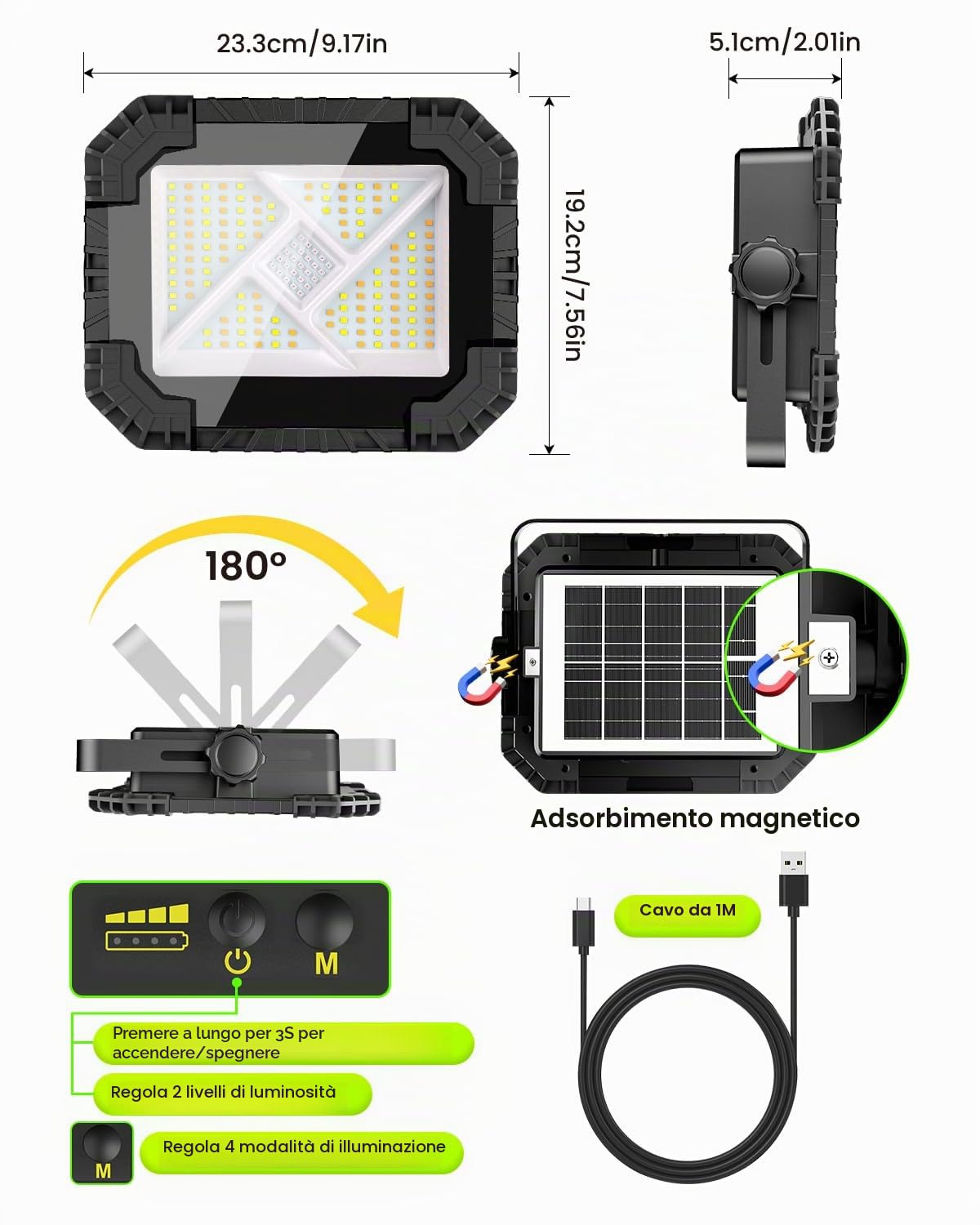 CLV Faro LED Ricaricabile 200W, 20000mAh Faretto a Batteria 4 Modalità 2 Luminosità Lampada Portatile Led Ricaricabile USB/Solare Luce da Lavoro Magnetico Impermeabile IP66 per Campeggio Cantiere
