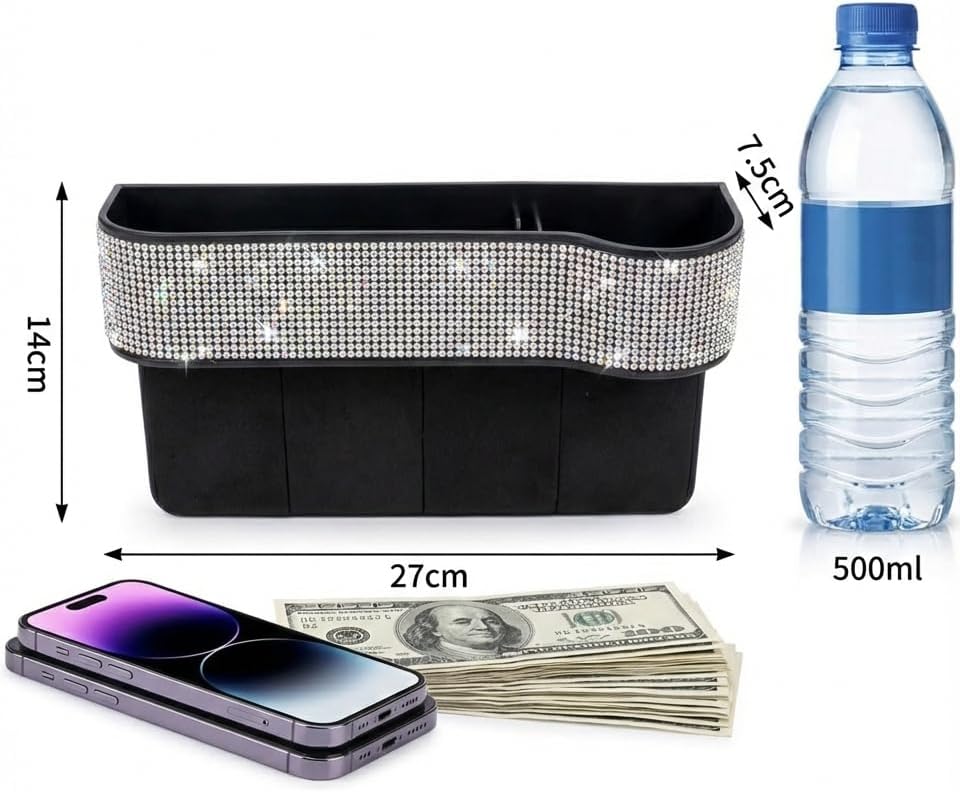 Bling Bling Car Seat Organizer Front Seat Gap Filler with Crystal Rhinestones Diamond, PU Leather Car Seat Console Storage Organizer for Car Accessories (Colorful)