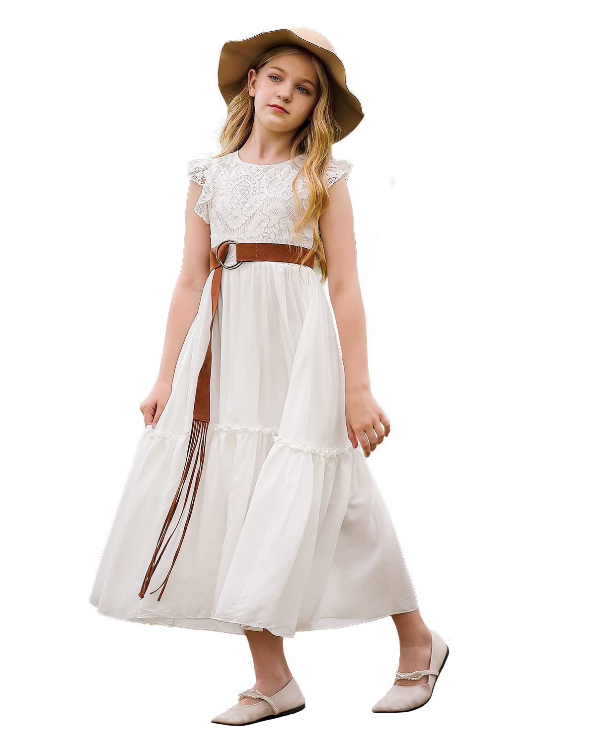 BIBIHOU Girls Lace Flower Ruffle Sleeve Holiday Party Wedding Swing A-Line Maxi Dress