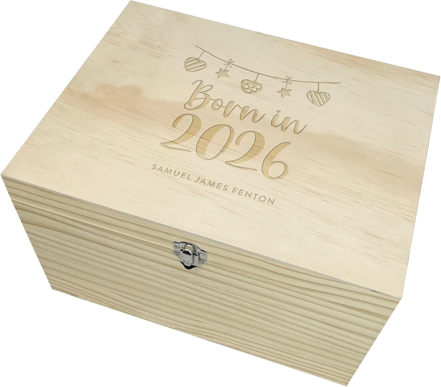 Caja de madera personalizada para bebé "Born In 5,146.0 cm | Caja de recuerdos de bebé con guirnalda floral grabada | Nombre personalizado y detalles de nacimiento | Regalo de bautizo y bautismo 2026