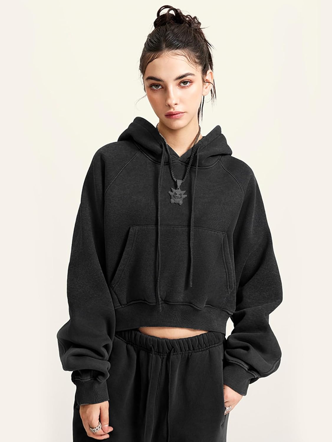 Gihuo Women's Cropped Hoodie Acid Wash Fleece Lined Oversized Short Pullover Sweatshirt - Image 2