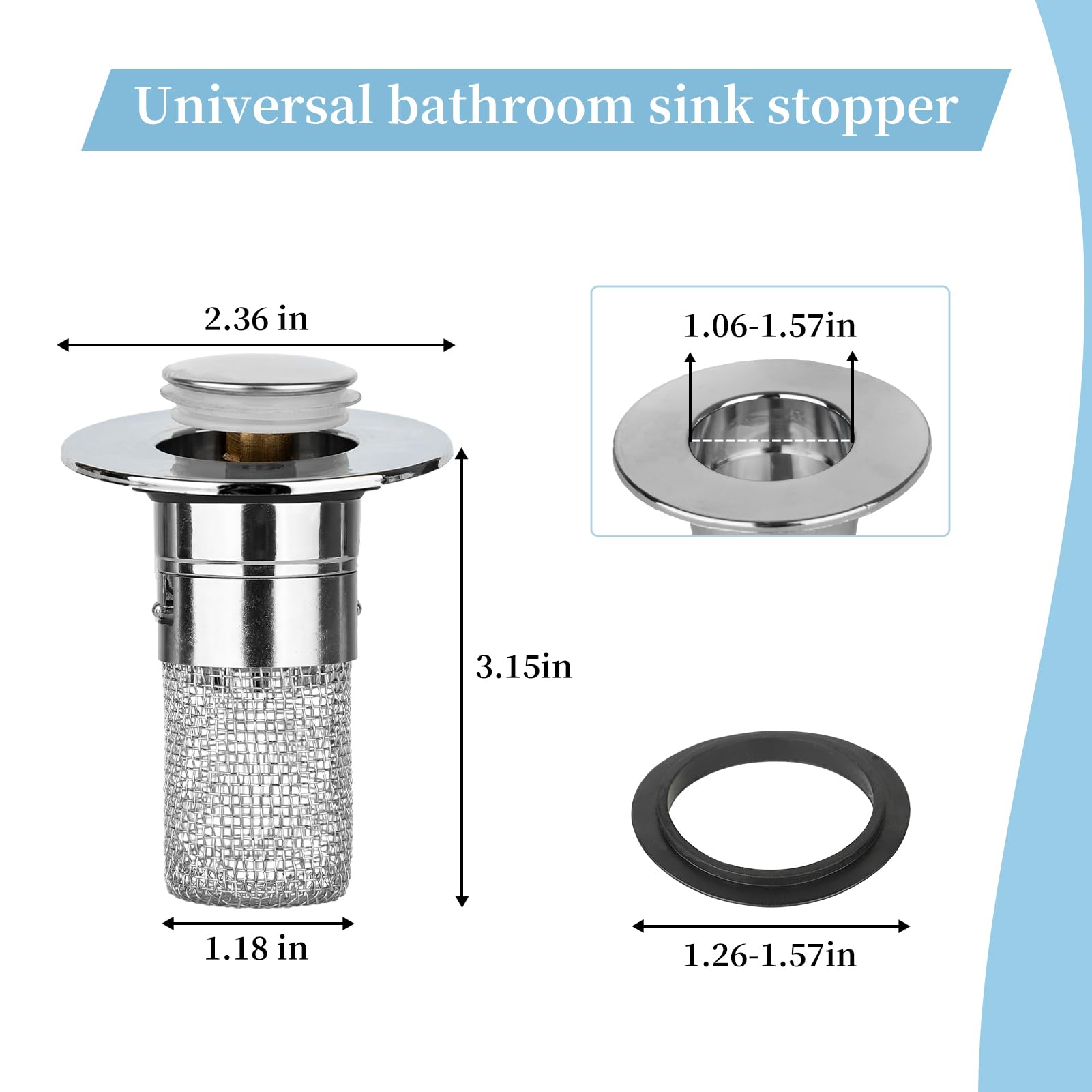 Waschbecken-Sieb & Haarfänger – 2 Stück, Mit Abnehmbarem Edelstahlkorb | Pop-Up Mechanismus, Verstellbare Gummiringe (für 2,5–3 Cm Abfluss)