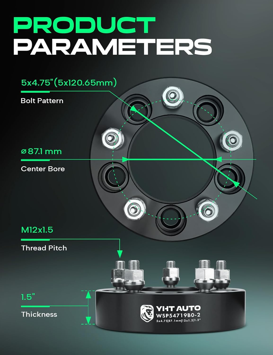 YHTAUTO 5x4.75 Wheel Spacers 1.5" Compatible with Chevrolet, GMC, Cadillac, Pontiac Models, Camaro, Jimmy Tire Spacers w/ M12x1.5 Studs, 87.1mm Center Bore 5 Lug 2PCS Black