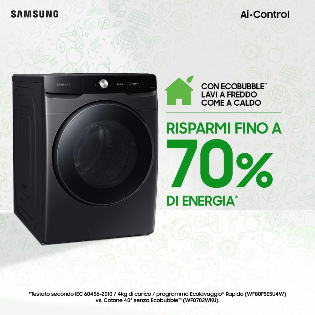 Samsung Lavatrice AI Control WF20DG8650BV/U3 Libera installazione, 20 Kg, Wifi, Ecobubble, AI Wash, Vapore Igienizzante, Carica Frontale, Corpo: Bianco, Oblò: Nero, 68,6l x 98,4h x 87,5p cm