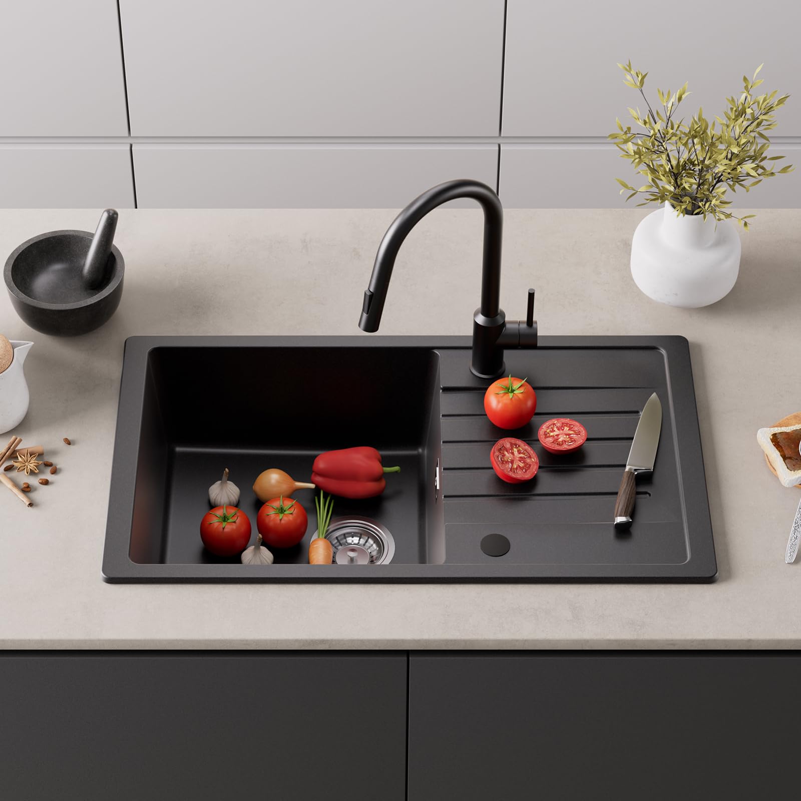 CECIPA Évier de Cuisine 1 Bac en Granit Noir 78 x 45 cm, 80% Sable Quartz Résistant à l'usure et aux chocs, Évier Cuisine Installation Réversible, avec Kit de Vidage