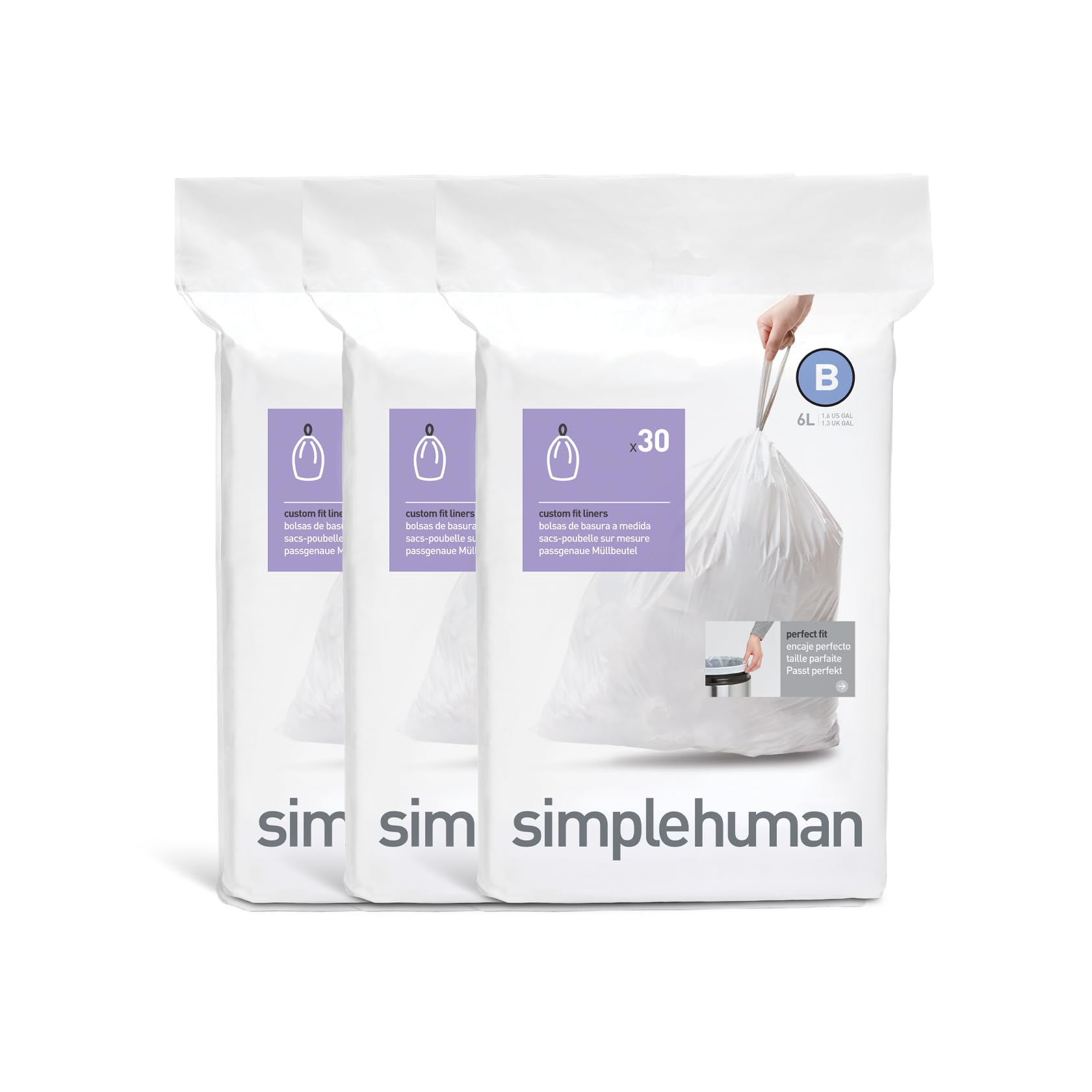 simplehuman CW0251 code B Custom Fit Bin Liner Bulk Pack, White Plastic (3 Pack of 30, Total 90 Liners)
