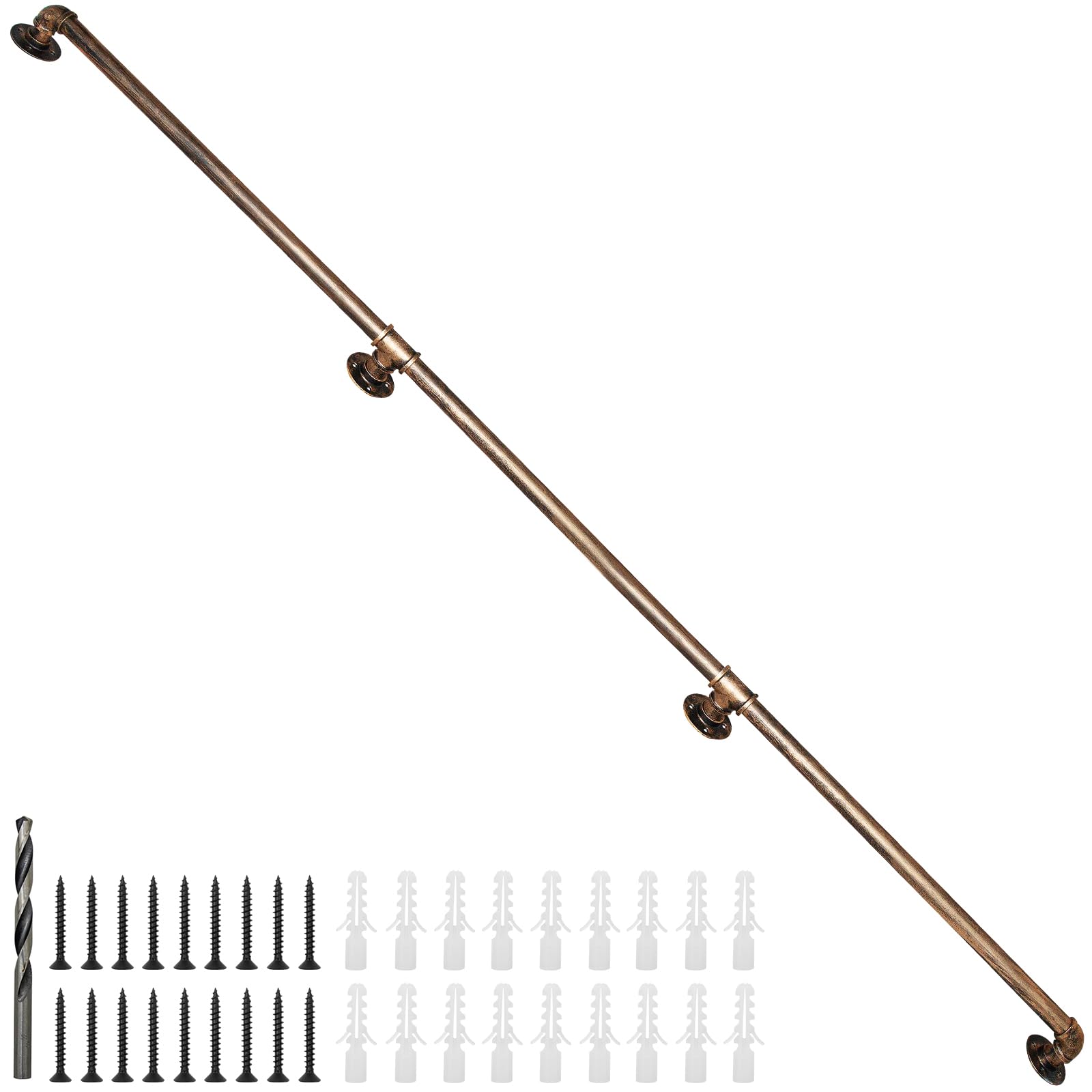 Rebala Wall Handrail 10FT,Industrial Staircase Railing 1.25 Inch Tube Diameter,Galvanized Pipe Handrail,Handrails for Indoor Stairs with Wall Mount Support for Indoor, Outdoor,Antique Brass