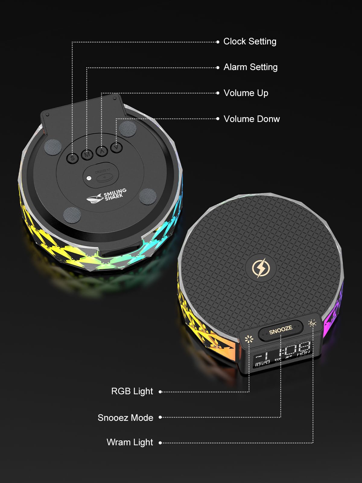 Smiling Shark Lampada Sveglia, Intelligente Sveglia Luce Ricarica Wireless con Timer Snooze Controllo Touch 3 Luminosità e Effetto RGB Wake Up Light Alarm Clock Charger per Comodino