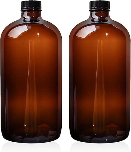 Miniatura 1 de Paquete de 2 botellas Boston de vidrio ámbar de 32 onzas con tapas de cono de polietileno fenólico. Botellas de vidrio perfectas para laboratorio,