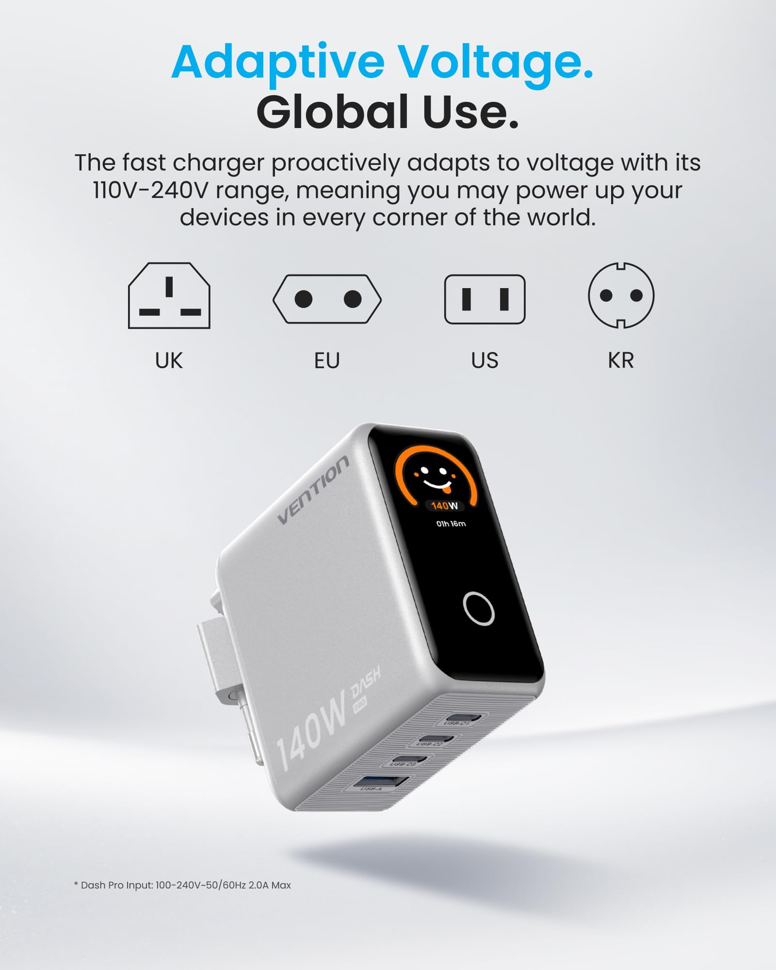 VENTION Caricatore USB C 140W, Caricabatterie GaN 5.0 a 4 Porte con Schermo TFT, Alimentatore USB C Veloce da Viaggio, Compatibile con iPhone 15/16/17, MacBook Pro/Air, Argento Titanio