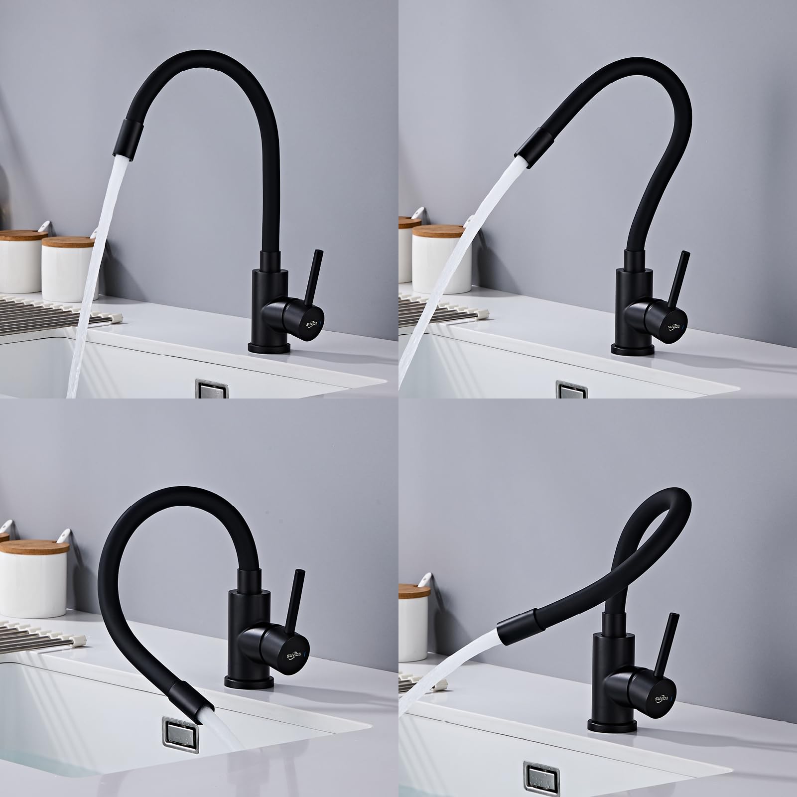Grifo Fregadero Cocina Negro, Grifo Cocina Flexible, Mezclador Cocina Giratiorio a 360°, Monomando de Alta Presión, Grifos Cocina de Acero Inoxidable, Ahorro de Agua
