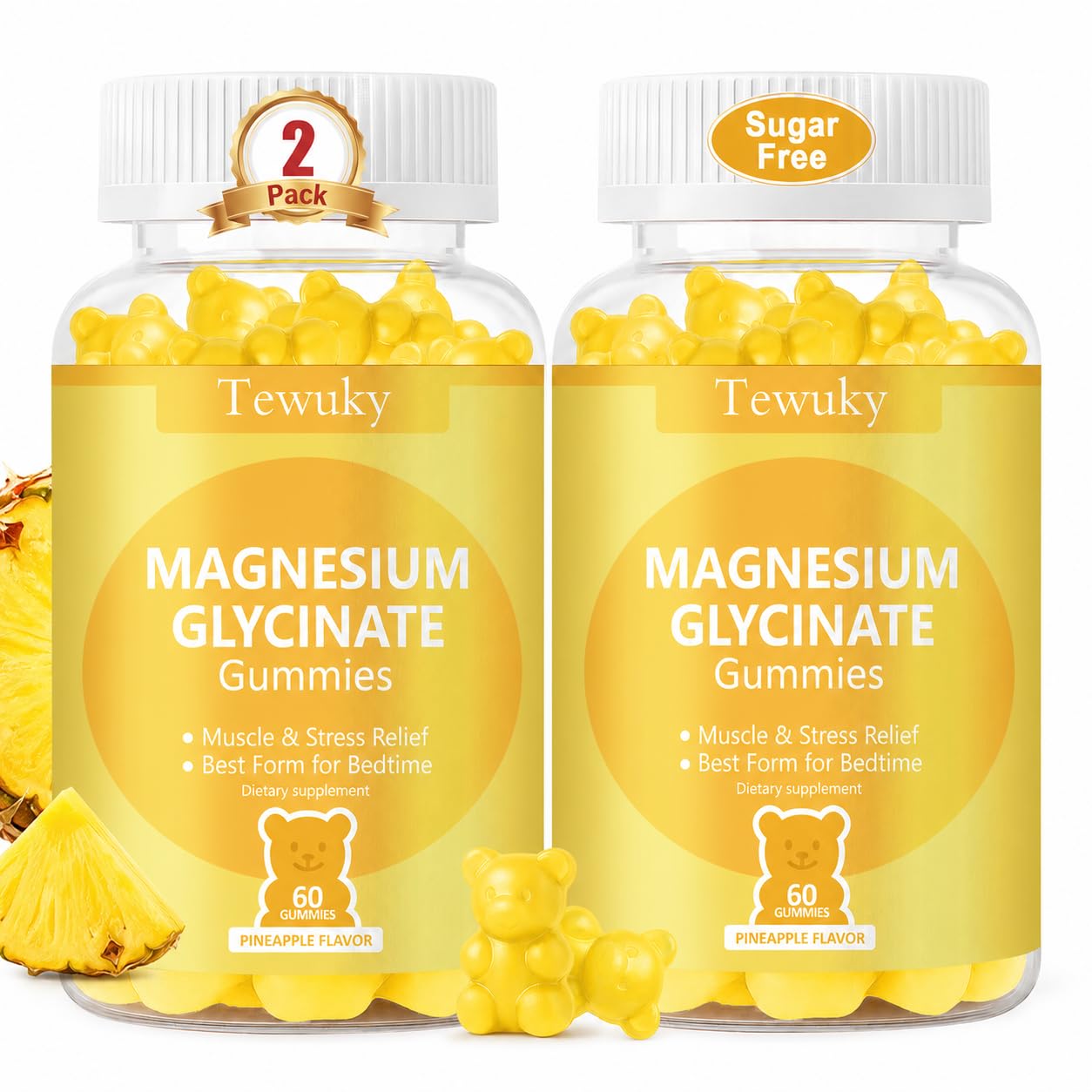 Magnesium Glycinate Gummies 2 Bottles, Sugar-Free for Adults & Kids, Magnesium Gummies for Sleep, Stress & Muscle Relief, Supports Bone & Nerve Health, Vegan, Pectin-Based, Pineapple Flavor Pineapple 60 Count (Pack of 2)