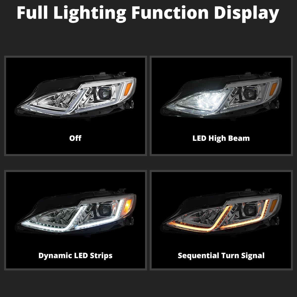 SPEC-D TUNING LED Chrome Projector Headlights w/Switchback Sequential Turn Signals and Startup Animation Compatible with 2019-2024 Chevy Malibu, Left + Right Pair Headlamps Assembly