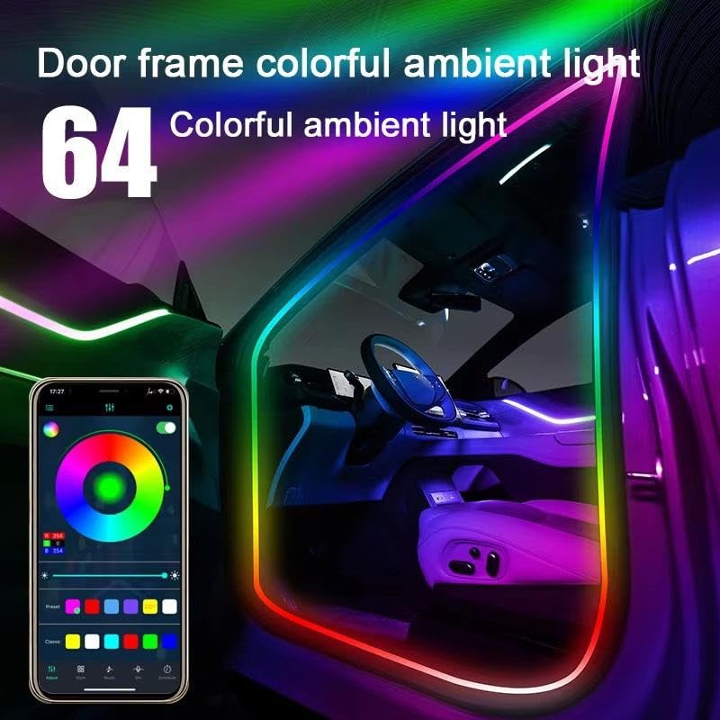 Éclairage intérieur de voiture Lumière ambiante porte voiture RGB 64 couleurs, bandes lumineuses porte 2/4, lumières fenêtre, lumière flux Lumière D'ambiance,(2 IN 1 3.5M)