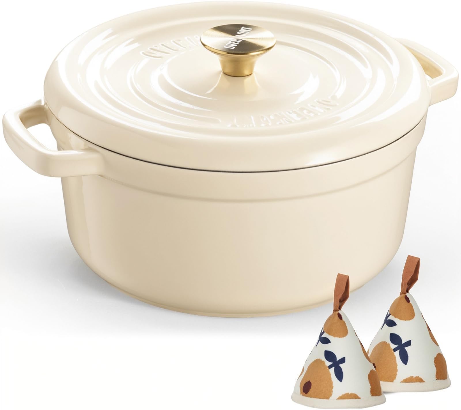 26cm Enameled Cast Iron Dutch Oven - 5L Pot with Functional lid Cookbook & Cotton Potholders - Oven Safe up to 500° F, Sturdy Cookware for Braising, Stews, Roasting, Bread Baking, Cream White