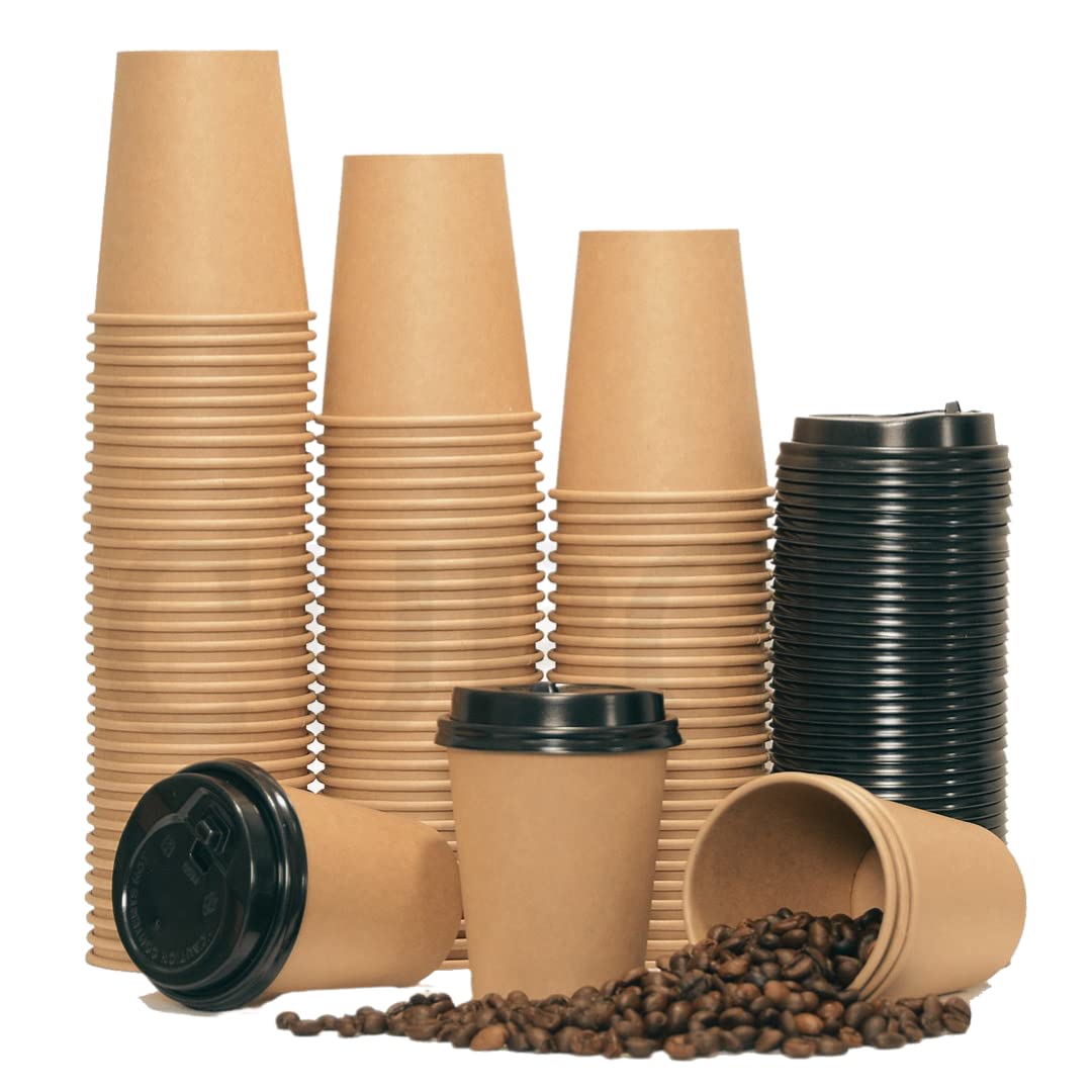 CUPCODisposable Bio Paper Coffee Cups, 50 Pieces Paper Cups + Free 50 Plastic Lids, 12oz Single Wall Kraft Brown Bamboo Eco Cups for Beverages, Party, Wedding, Anniversary, Birthday Supplies