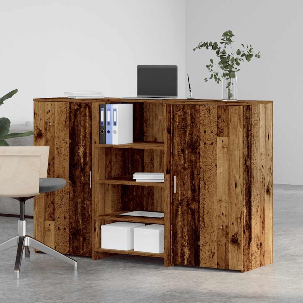 Banco reception effetto legno vecchio, 155 x 50 x 103,5 cm, materiale in legno, robusto bancone per ufficio, hotel, salone, scrivania versatile con spazio di archiviazione