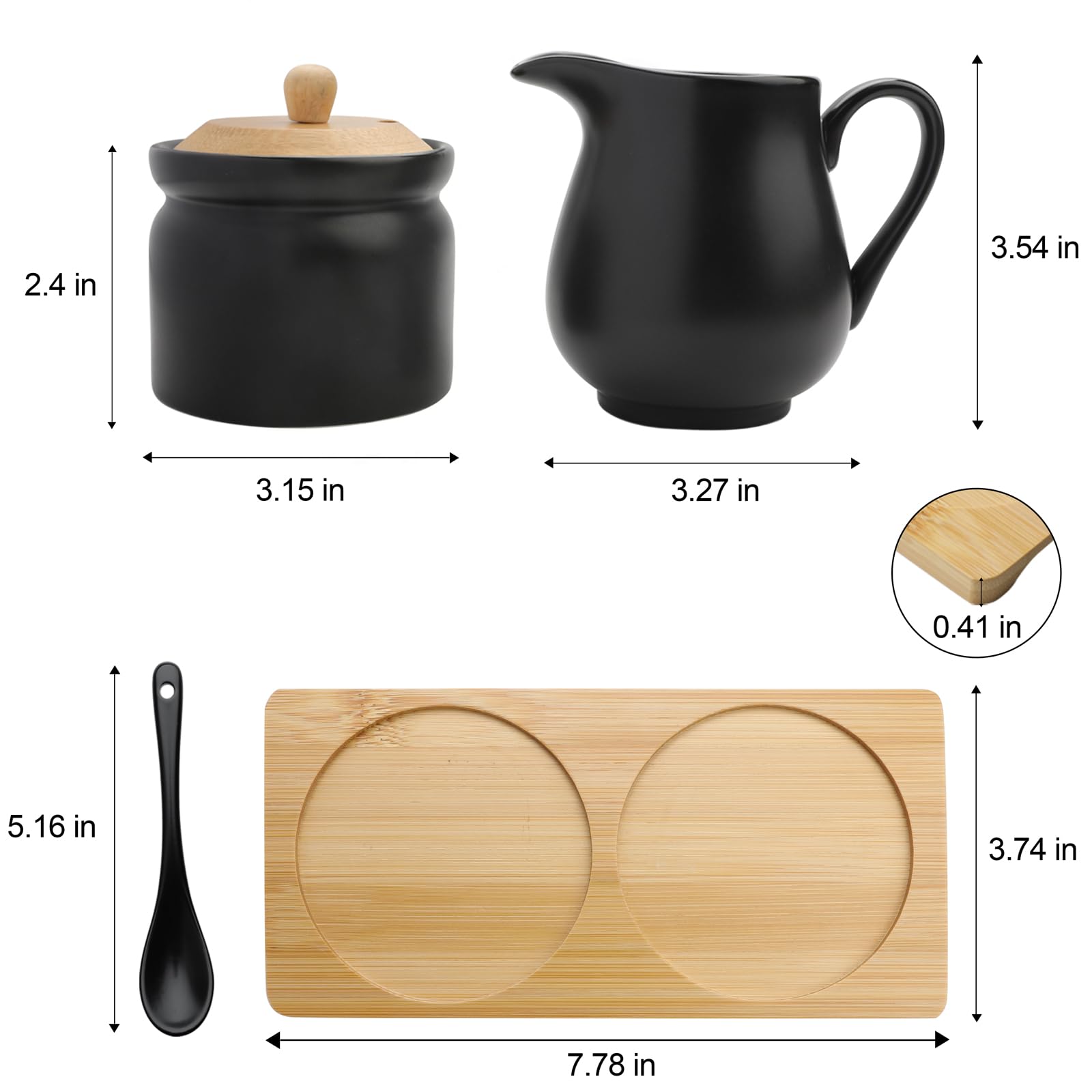 Juego de azucarero y crema de cerámica, azucarero negro con tapa y cuchara, jarra de crema con bandeja, juego de servir té y café para bar, hogar, cocina, oficina (negro)