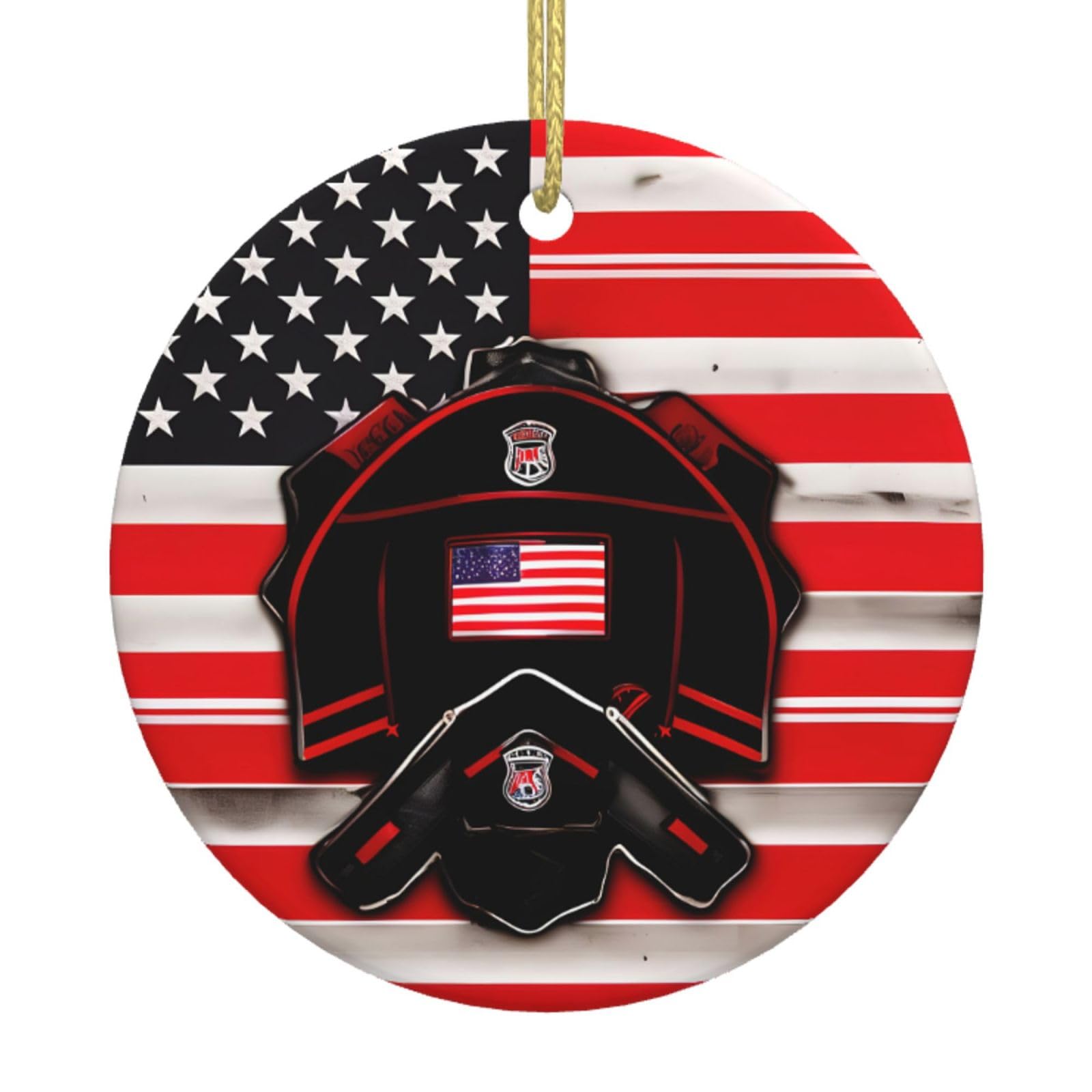 Red Line Firefighter Usa Flag Print Christmas Ornaments, Ceramic Hanging Ornament, Round Shape Decorations