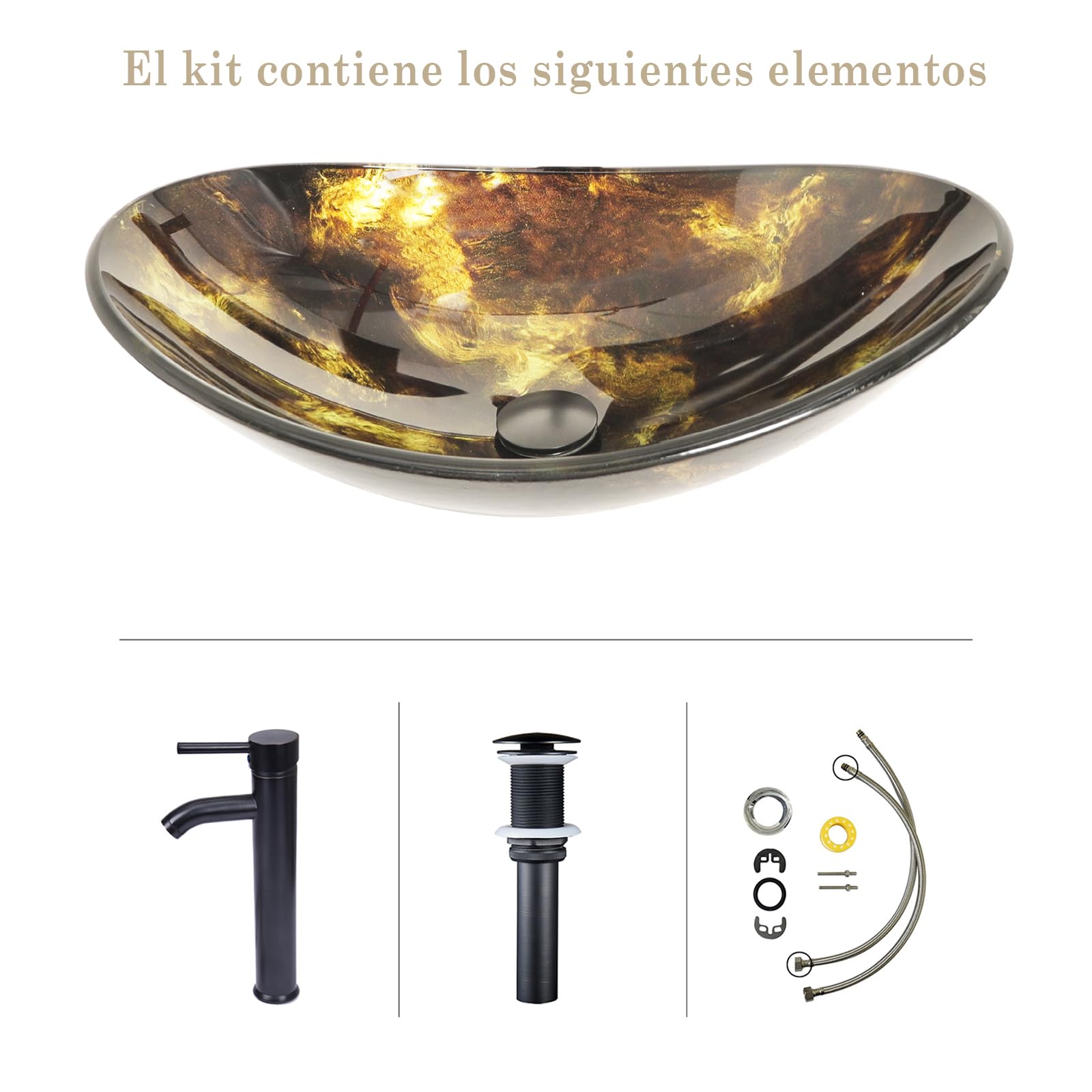 YU YUSING Lavabo Ovalado de Vidrio con Grifo sobre Encimera para Baño, Cocina y Aseo, Moderno Dorado Brillante, 53,3 x 35 x 16 cm