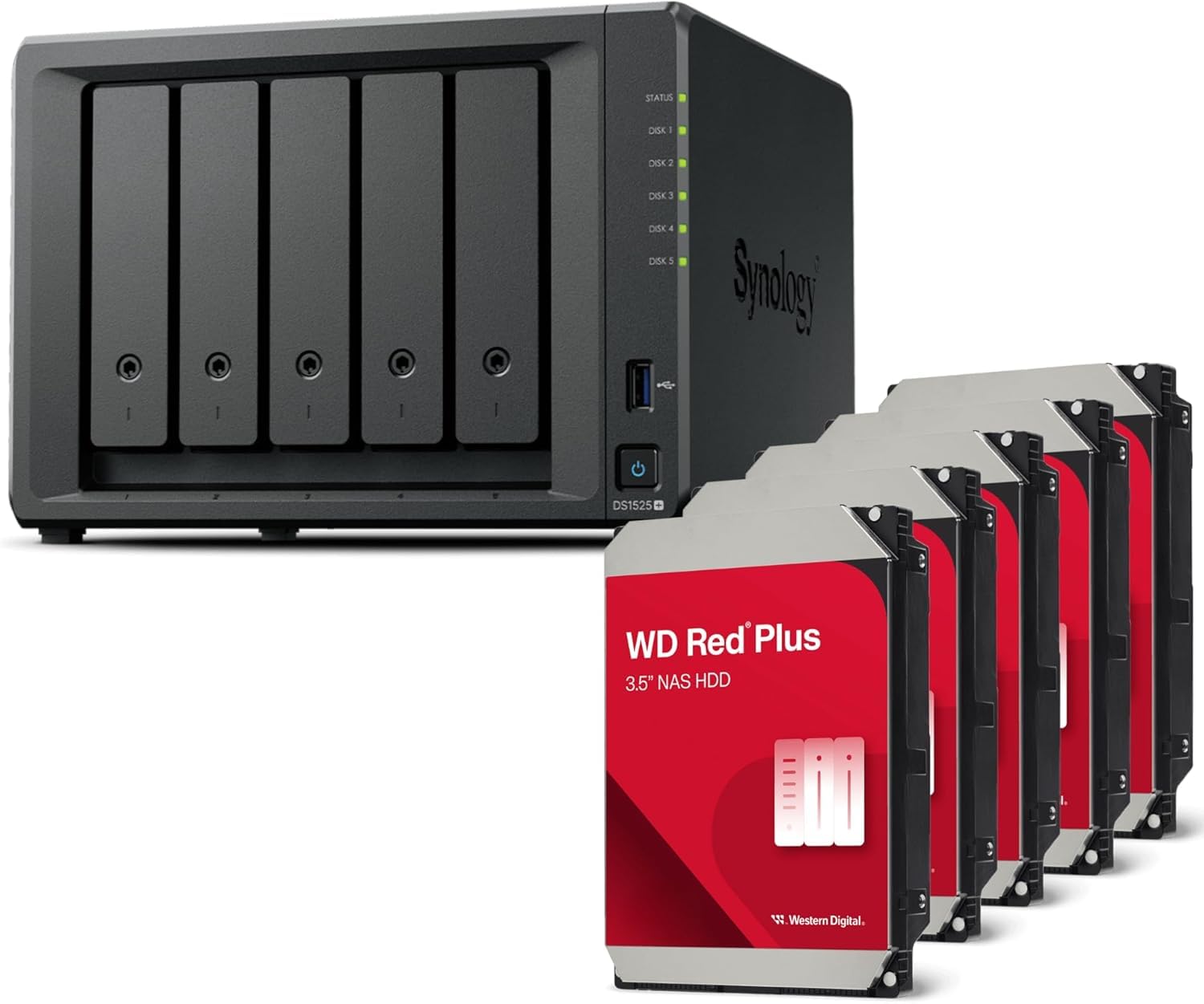 Synology Discstation NAS DS1525+ 20TB Bundle Western Digital (5X 4TB WD Red Plus) serie 5 Bay Plus con Ryzen R1600, 8 GB Ram