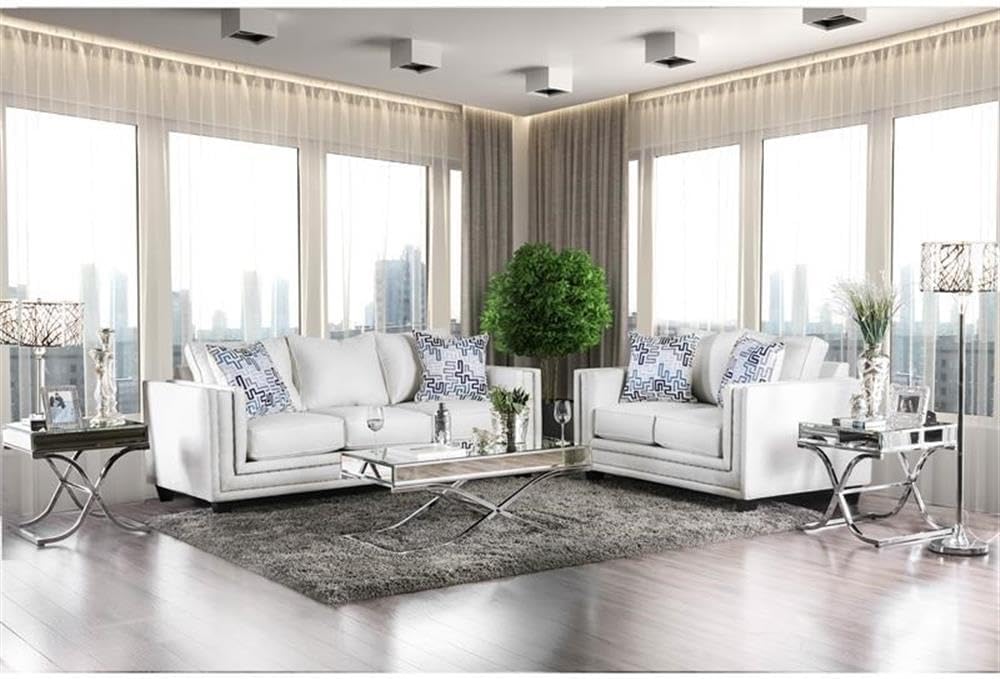 BOWERY HILL Contemporary Chenille Loveseat, 66" W x 40" D x 38" H, Ivory Finish, Solid Wood Frame, Nailhead Trim, High-Density Foam Cushions, Track Arms, Living Room Seating, Made in USA