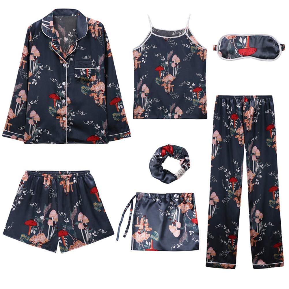Rojeam Women's Silk Satin Pajamas Long Sleeve Sleepwear 7pcs Pajama Set Loungewear(Mushroom,XL)