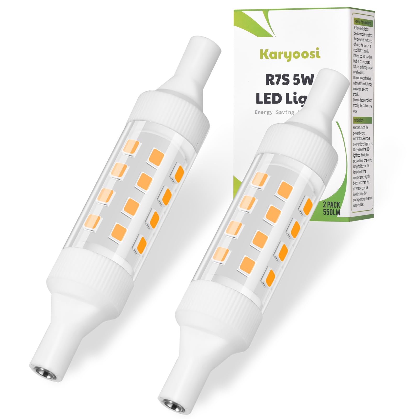 Karyoosi LED-Leuchtmittel R7S 78 mm 5 W 550 lm, entspricht 60 W J78 Halogenlampen, Warmweiß 3000 K, R7s LED 78 mm, Beleuchtung mit 360° Abstrahlwinkel, AC 220-240 V, nicht dimmbar, 2 Stück