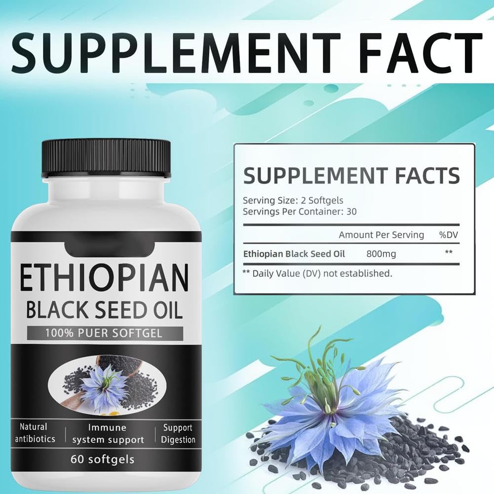 Cápsulas de aceite de semilla negra puramente etíope 4,64% de timoquinona, cápsulas blandas de aceite de semilla negra etíope puramente nutriente, prensado en frío orgánico, sin OMG, sin gluten, 60