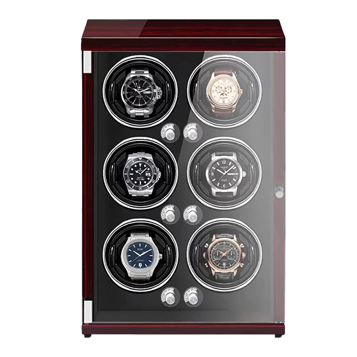 Caricatore Automatico tecnologico per 4 o 6 Orologi in Guscio di Legno e Custodia in Pelle PU per Orologi da Polso con Motore Silenzioso, Lussuosa Scatola espositiva per ，Black-6+0