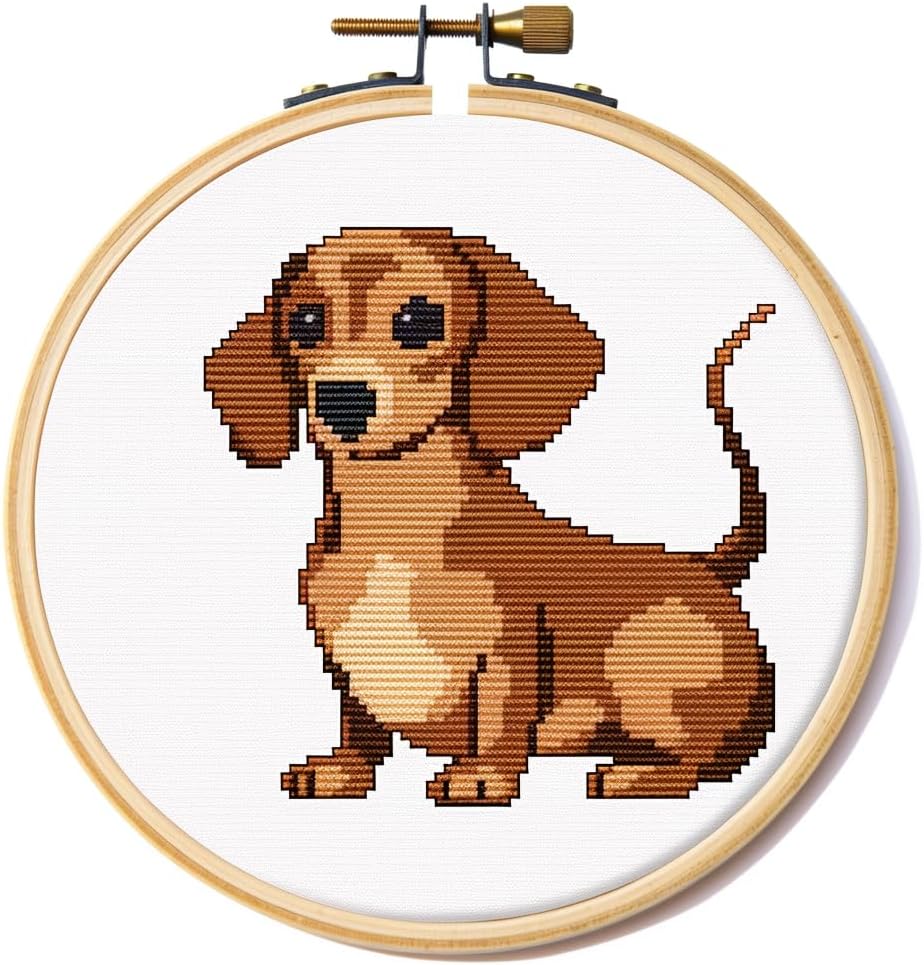 Generic Cartoon Brown Dachshund DIY 11CT Stamped Cross Stitch Kits Easy for Beginners Children with Hoop Needlepoint Counted Embroidery Kits Art Craft Wall Decoration 12x12inch(7)