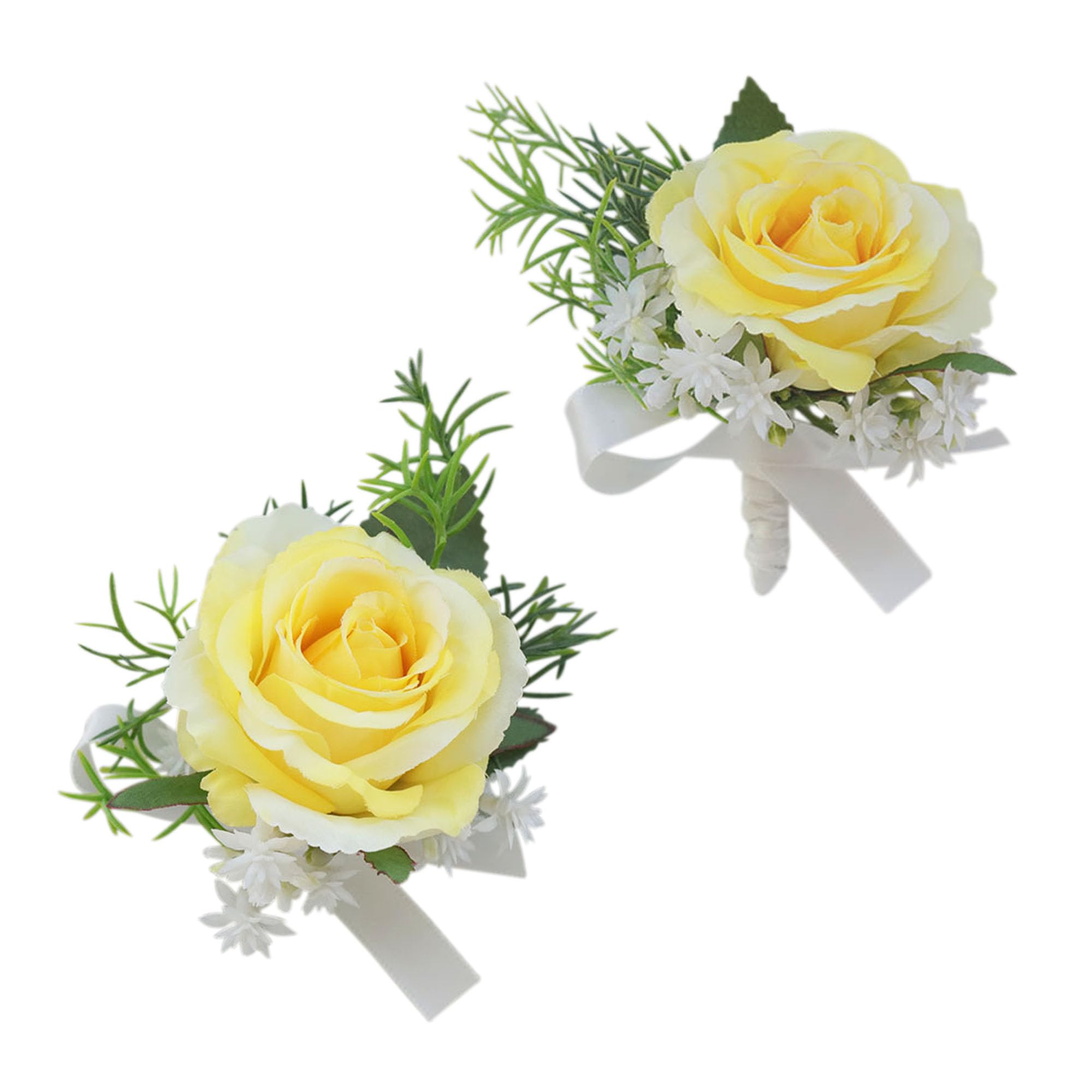 Corsage and Boutonniere Set, Handmade Artificial Peony Rose Wrist Corsage Wristlet and Groom Boutonniere for Men Wedding Prom Suit Decorations (Yellow)