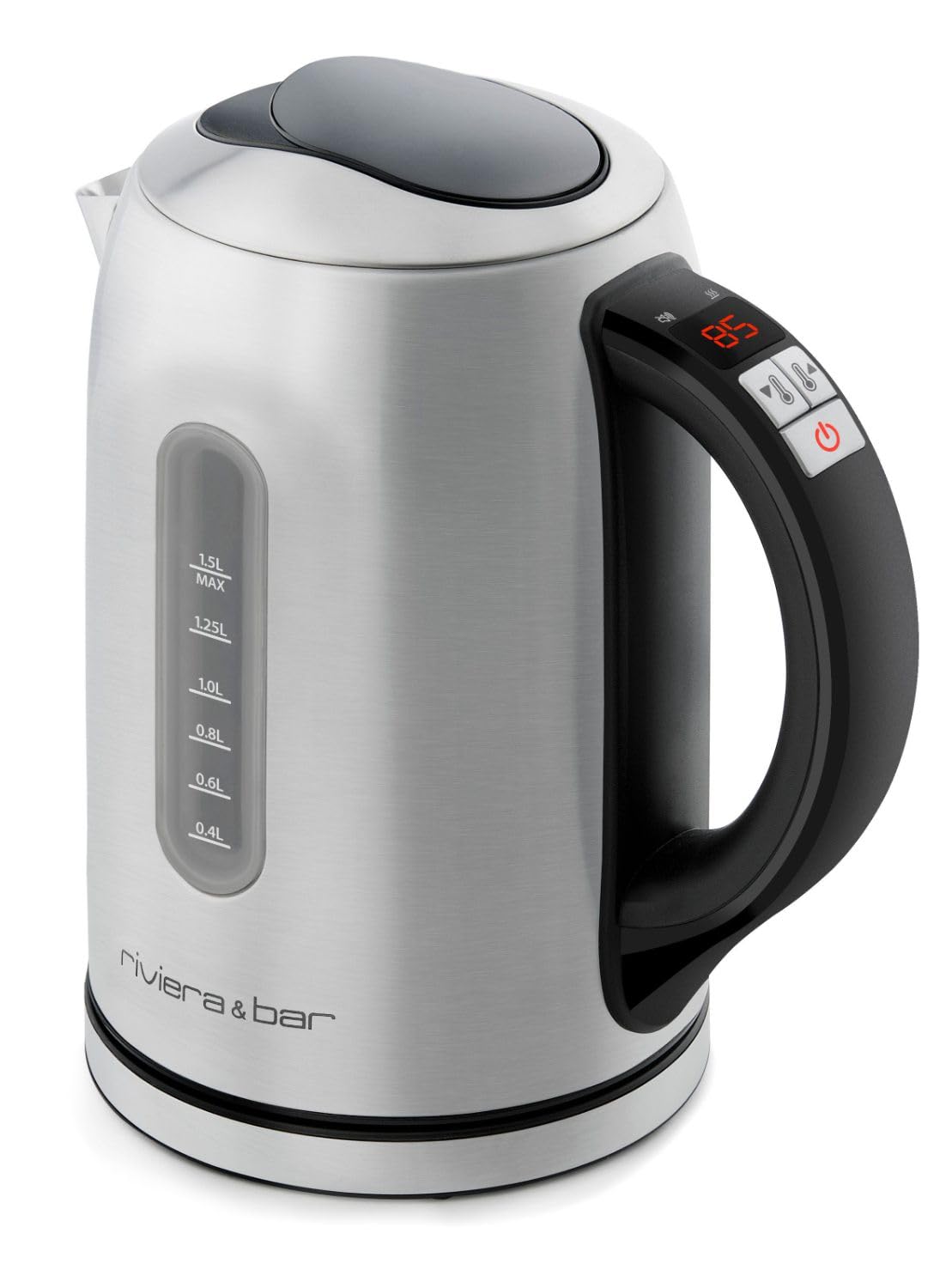 riviera&bar Bouilloire LOUNA à Température Réglable - Inox Satiné, Écran Rétroéclairé, Socle Pivotant 360°, Sécurité Anti-Surchauffe, Maintien au Chaud 30 Min - 1,5L - Inox