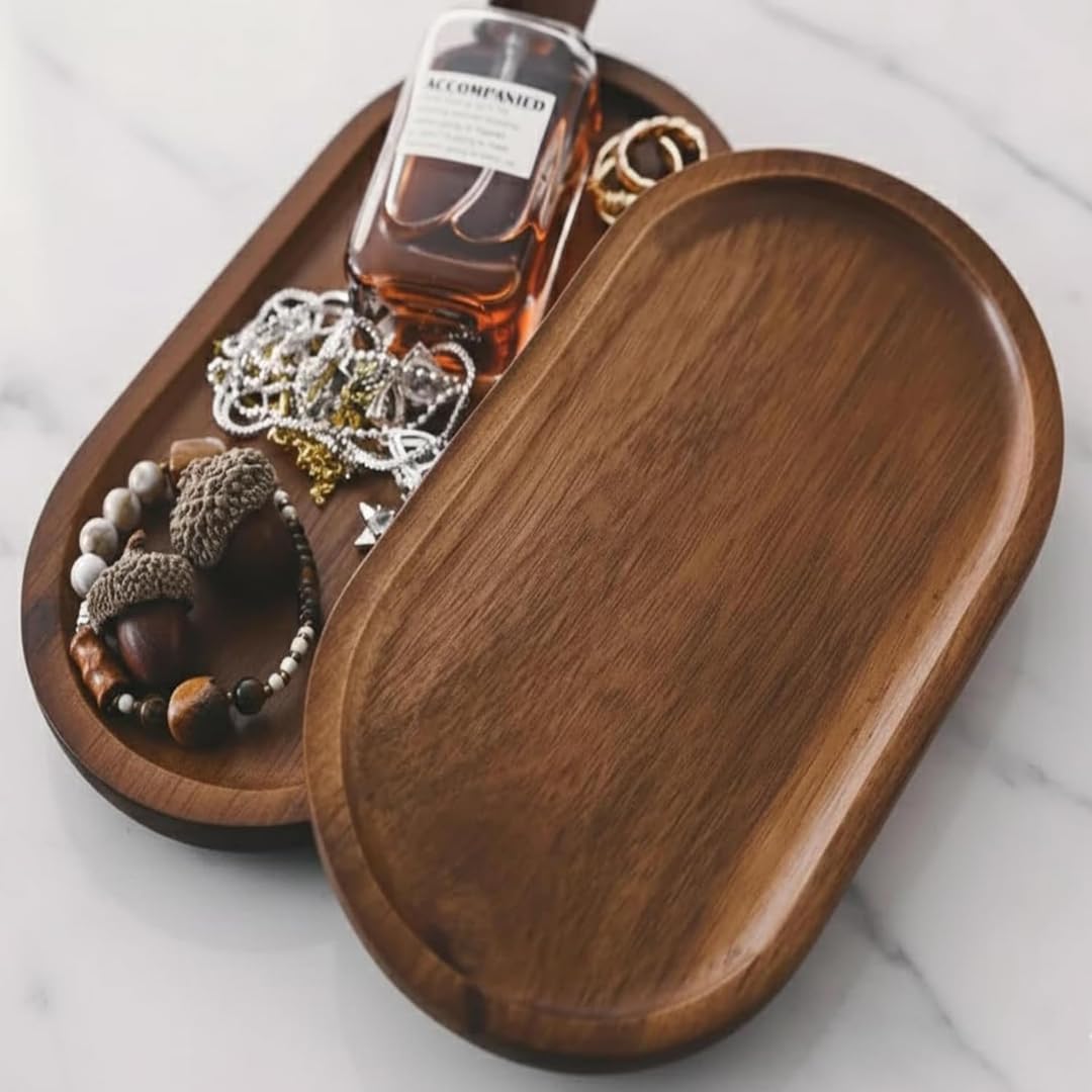 Set of 2 pc Oval Wooden Serving Trays - Decorative Walnut Finish Food Platter L x W x H = 10 x 5 x 0.5 inch-image-36