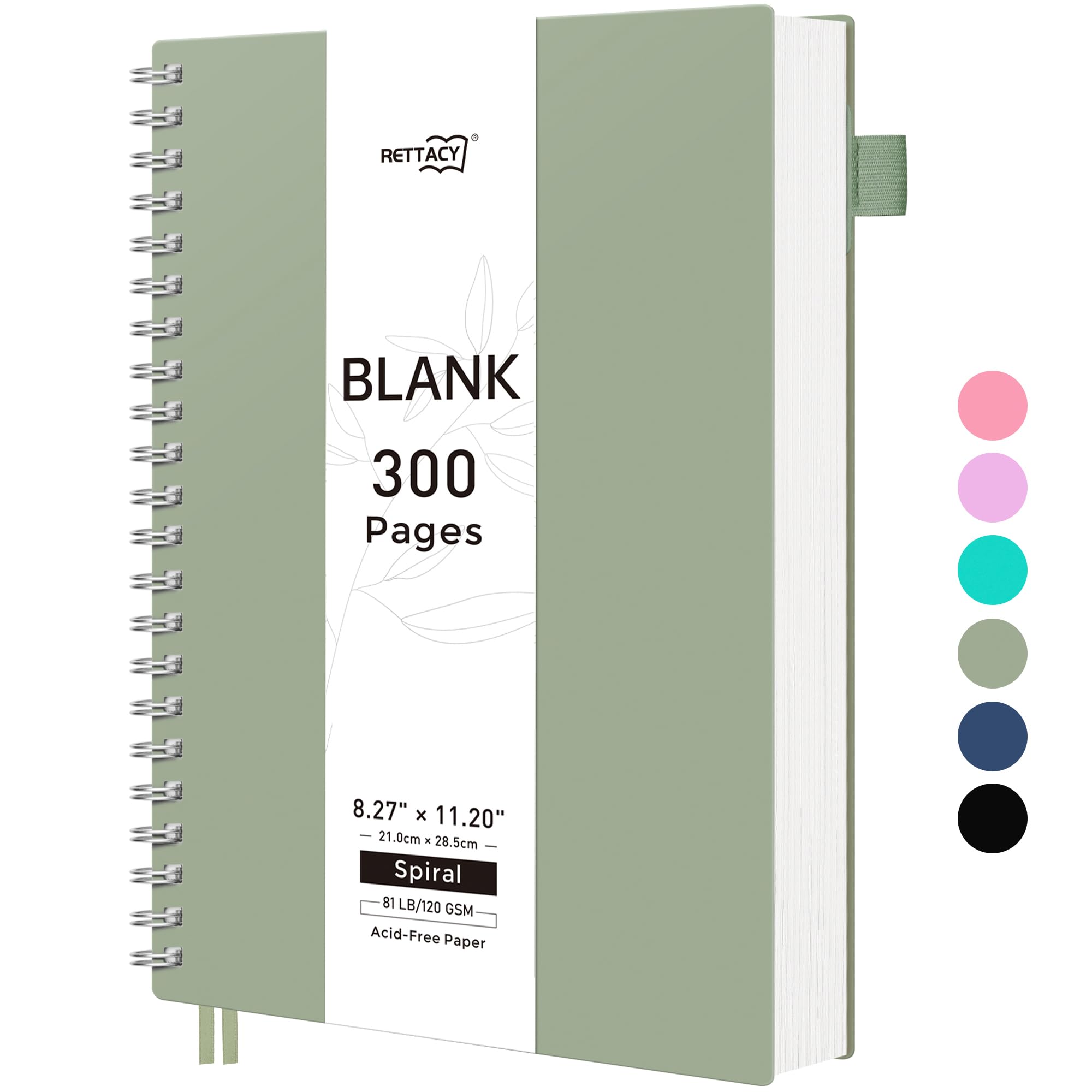RETTACY Carnet de notes vierge, 300 pages, grand format A4 (20,8 x 28,4 cm), papier épais de 120 g/m², couverture en plastique souple, reliure à spirales, pour croquis, dessin, peinture (vert clair)