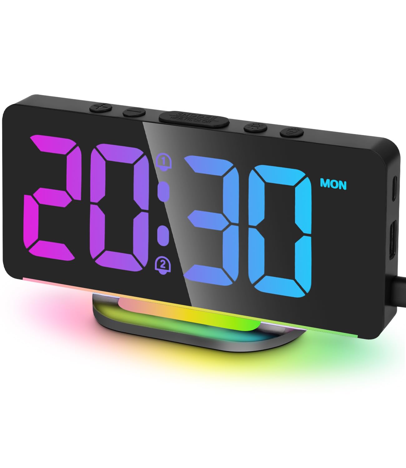 Sveglia Digitale da Comodino, Orologio Digitale da Tavolo con 11 Colori Numerici e 10 Luci Notturne, Doppia Sveglia, Luminosità Regolabile, Alimentazione Elettrica con 2 Porte USB e Type-C