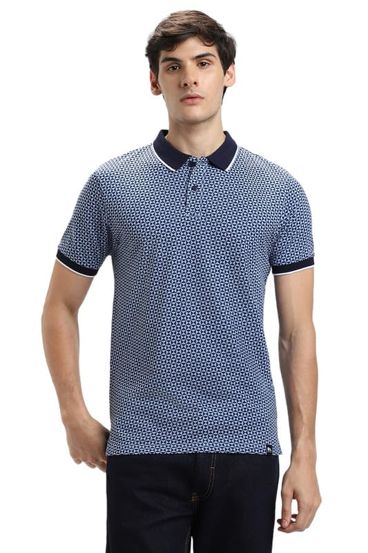 Image of Dennis Lingo Men's Navy Cotton Polo Neck Tshirt, Regular Fit Half Sleeve
