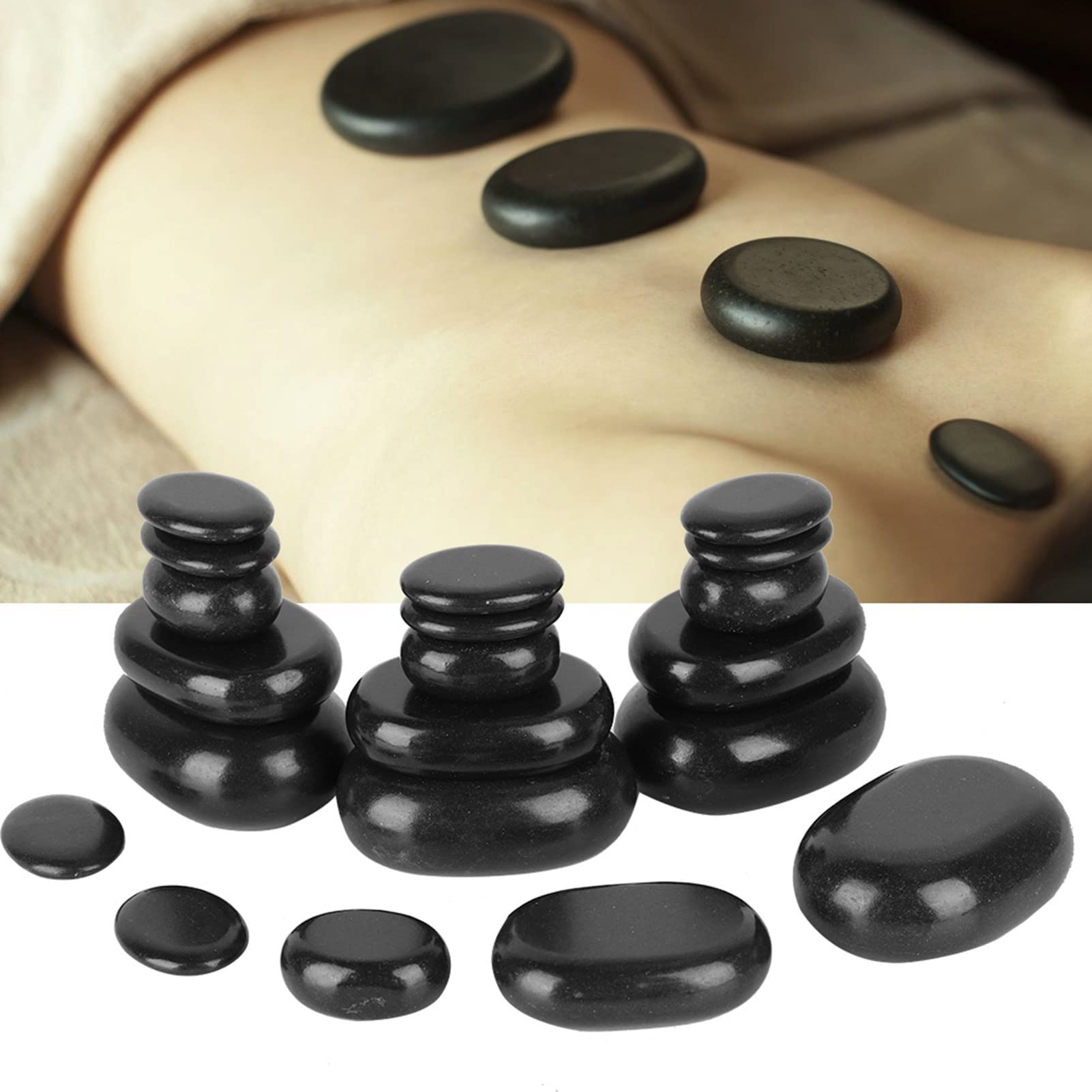 lyrlody Juego de Masaje de Piedra de Basalto Negro, 20 Piezas, Forma Ovalada, para Relajación de Pies y Nervios, con Aceite Esencial