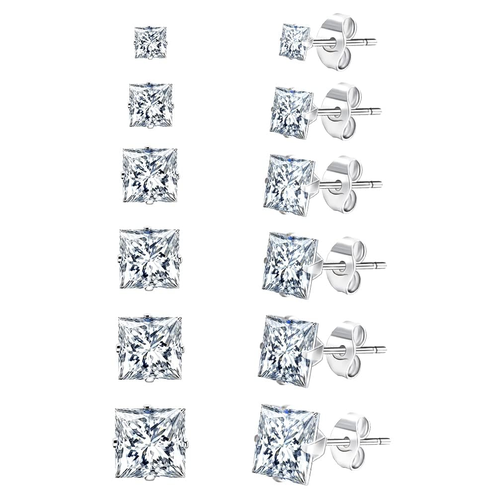 Stainless Steel Stud Earrings Set for Men, 18K White Gold Plated Square Cubic Zirconia Studs Hypoallergenic Mens Earrings Pack 6 Pairs for Men Women