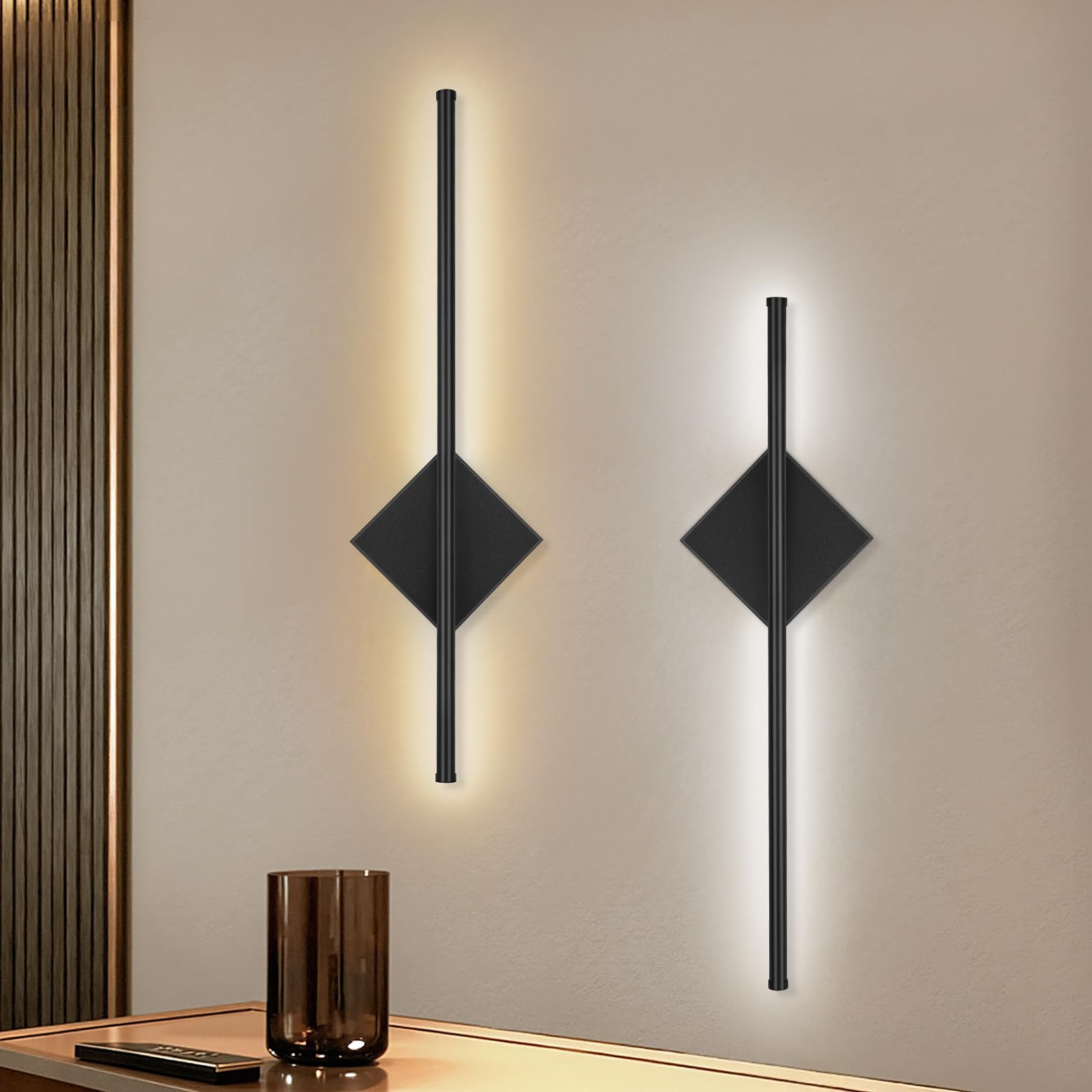 Dehobo Rechargeable Wall Sconce Lights 6600mAh, Battery Operated Wall Lights 3 Color Temperature, Wall Lamp Dimmable 60CM, Wireless Wall Light with Remote Control Black for Living Room Bedroom 2 Packs
