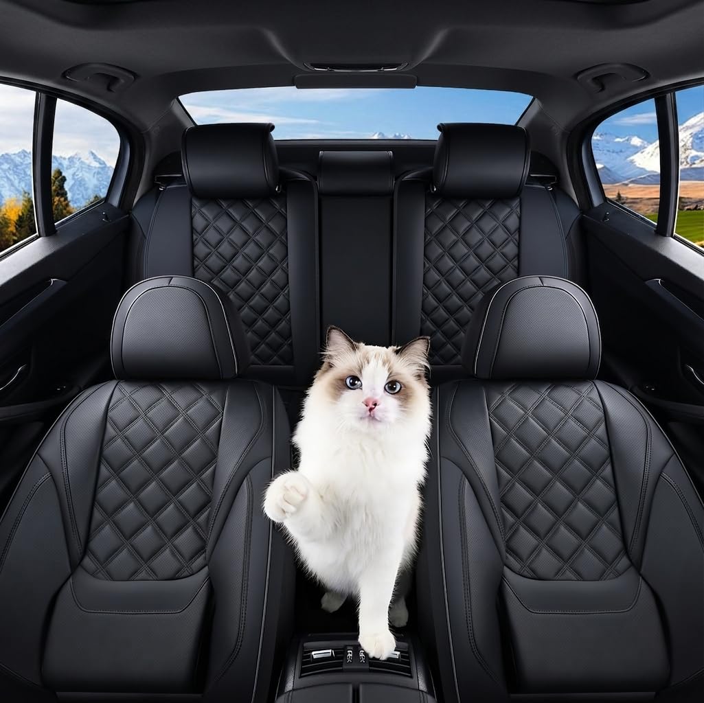 Photo 1 of Car Seat Covers Full Set, Luxury Leather Seat Cover for Cars 5 Seats, Front Seats and Back Car Seat Protector Waterproof Seat Cushions, Universal Automotive Seat Covers for Most Cars SUV Trucks, Black
