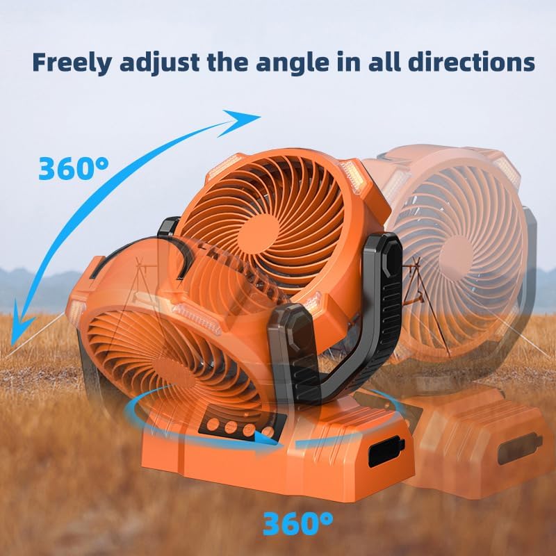Portable Outdoor Fan with 3 Brightness LED Light - 360° Adjustable, Essential Oil Diffuser, Foldable Hook Design,Orange